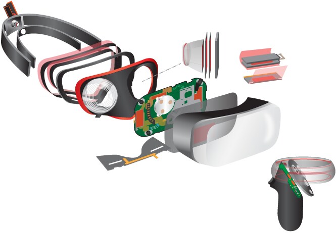 AR/VR(증강 현실/가상 현실) 헤드셋과 내부 전자 부품의 조립을 보여주는 다이어그램.
