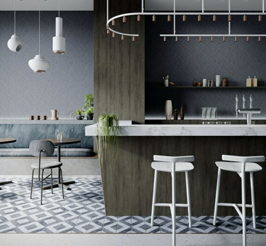 bar with stools and a table
