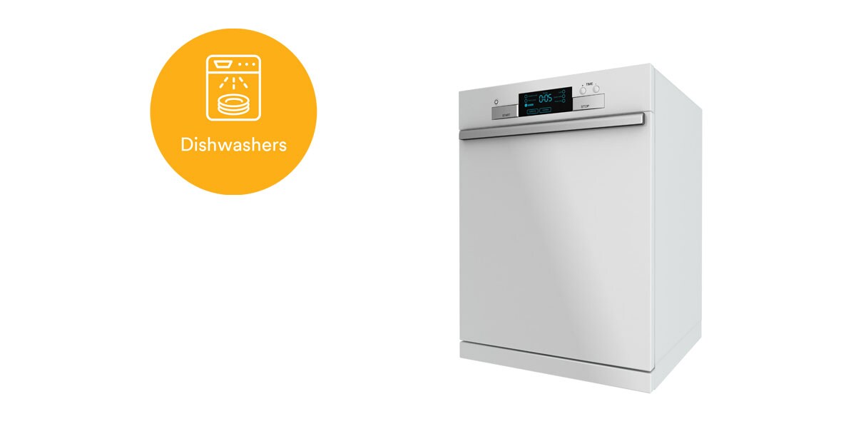 Dishwasher image with clickable dots to learn more about 3M solutions for appliance assembly
