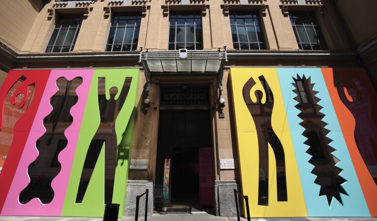 building with many signs on the front
