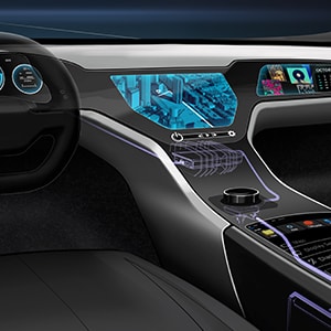 Interior of a car with a steering wheel and dashboard