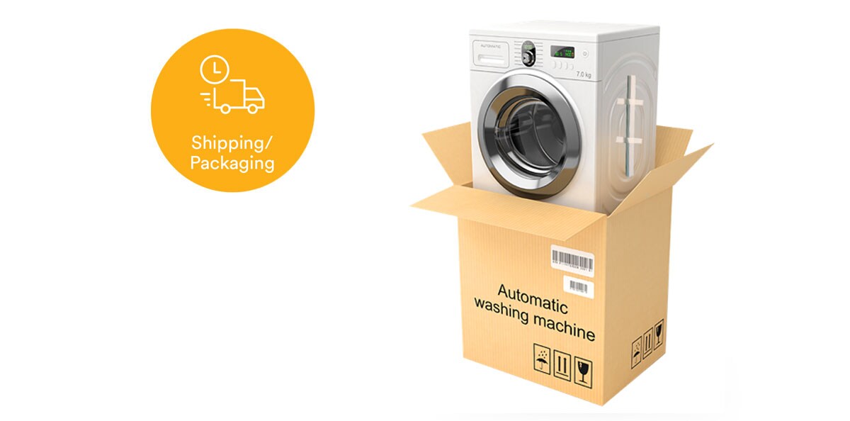 Image of an appliance in a shipping box with clickable dots to learn more about 3M solutions for packaging and shipping

