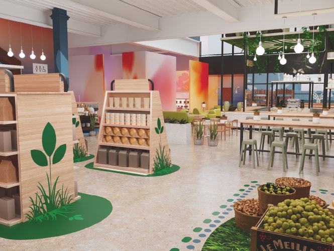 나무 선반과 다채로운 벽면, 편안한 휴식 공간이 어우러진 매장 인테리어를 만나보세요. 3M의 솔루션으로 모던함과 친환경적 가치를 동시에 담아낼 수 있습니다.
