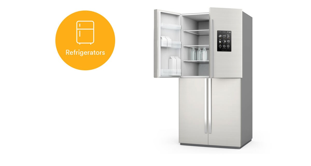 Refrigerator image with clickable dots to learn more about 3M solutions for appliance assembly
