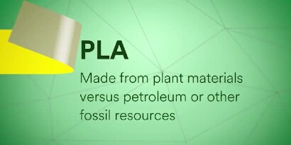 Video still of a yellow tape and text “PLA: Made from plant materials versus petroleum or other fossil resources”
