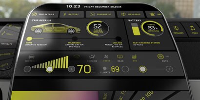 Futuristic car human machine interface display showing digital instrument panel gauges and battery charge status
