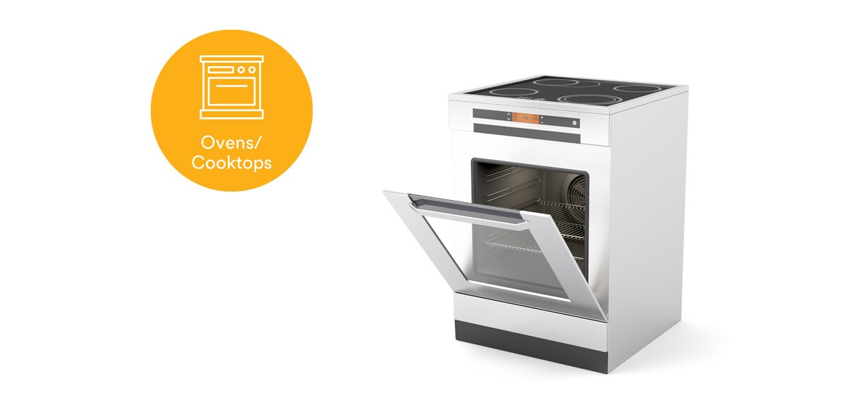 Oven/Cooktop image with clickable dots to learn more about 3M solutions for appliance assembly

