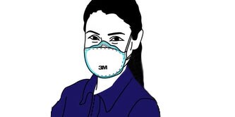 밀착이 강조된 안면부여과식 호흡보호구를 착용한 여성 그림
