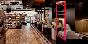 Image of a cash register in a store with a rectangle outlining where a hard plastic shield would be installed
