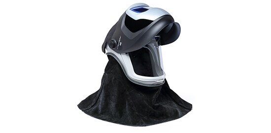 A black and silver helmet with a black cloth around it
