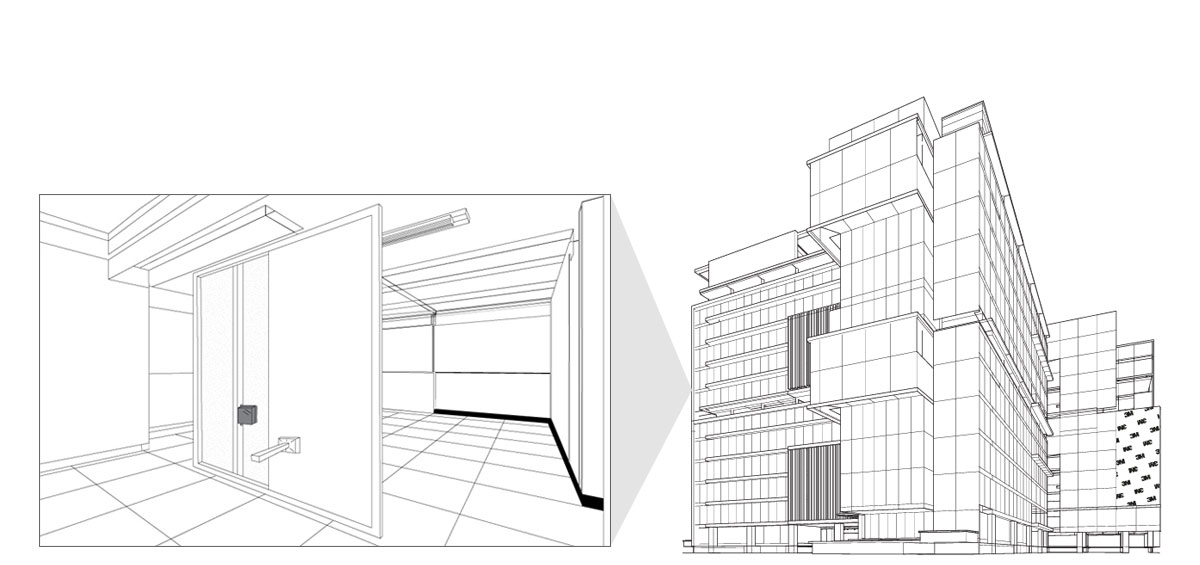 Line drawing of building interior and exterior with designated hotspots placed on the image
