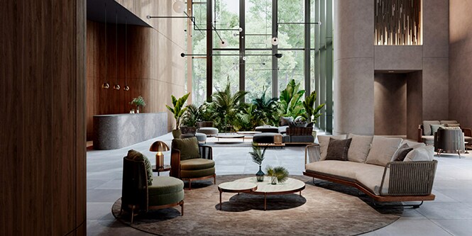 Hotel lobby scene showing a range of DI-NOC™ Architectural Finishes used on the walls and desk.
