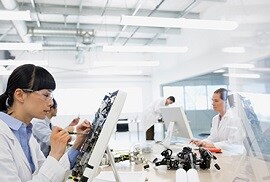 window films being used to redirect sunlight in a corporate lab