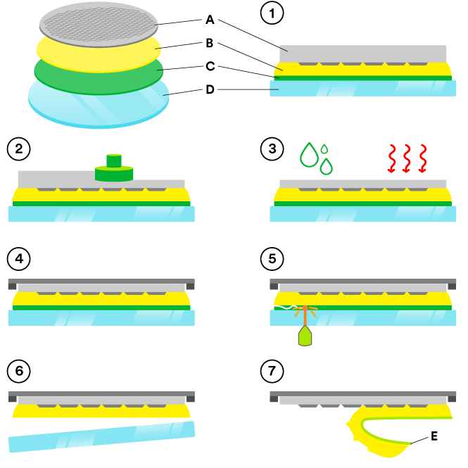 3M Wafer Support System에 대한 3M의 temporary bonding/debonding 공정 흐름의 단계별 그래픽입니다.
