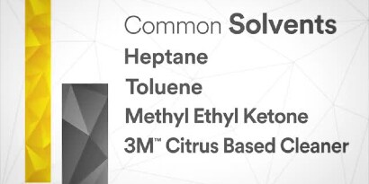 Video still with text “Common Solvents: Heptane, Toluene, Methyl Ethyl Ketone, 3M™ Citrus Based Cleaner”

