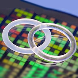 Two fluoropolymer o-rings on a semiconductor wafer.