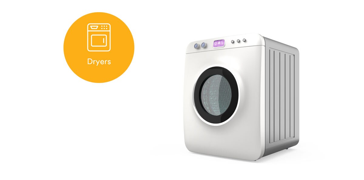 Dryer image with clickable dots to learn more about 3M solutions for appliance assembly
