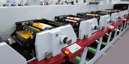 Image of an in-line flexographic press for narrow print jobs
