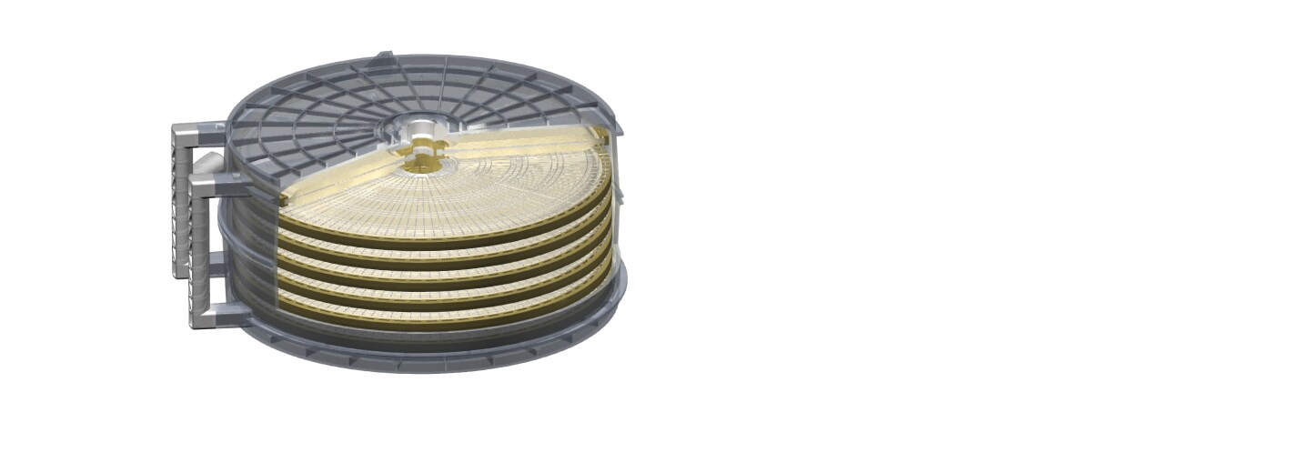 Infographic showing  the inside of a 3M™ Zeta Plus™ Encapsulated System Filter Capsule.
