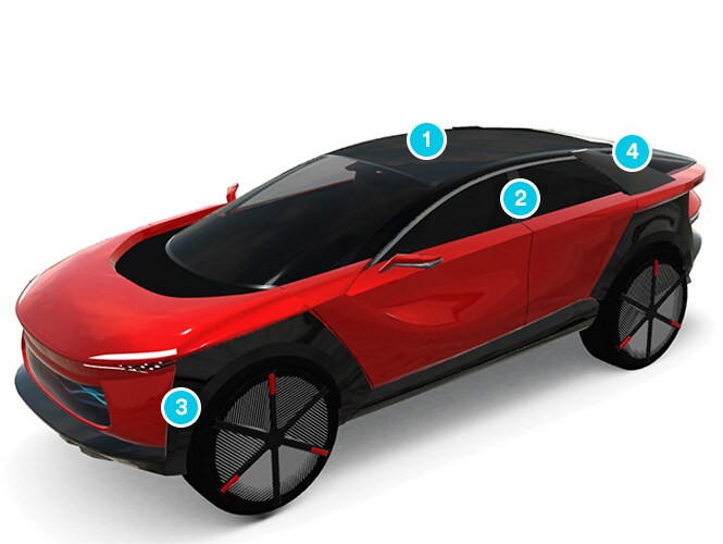 외장에 1~4까지 번호가 있는 빨간색 SUV. 
