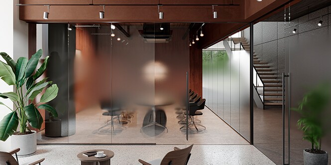 Office environment with the new 2022 FASARA™ Glass Finishes shown on applications.
