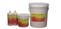 A group of white buckets with yellow and red labels
